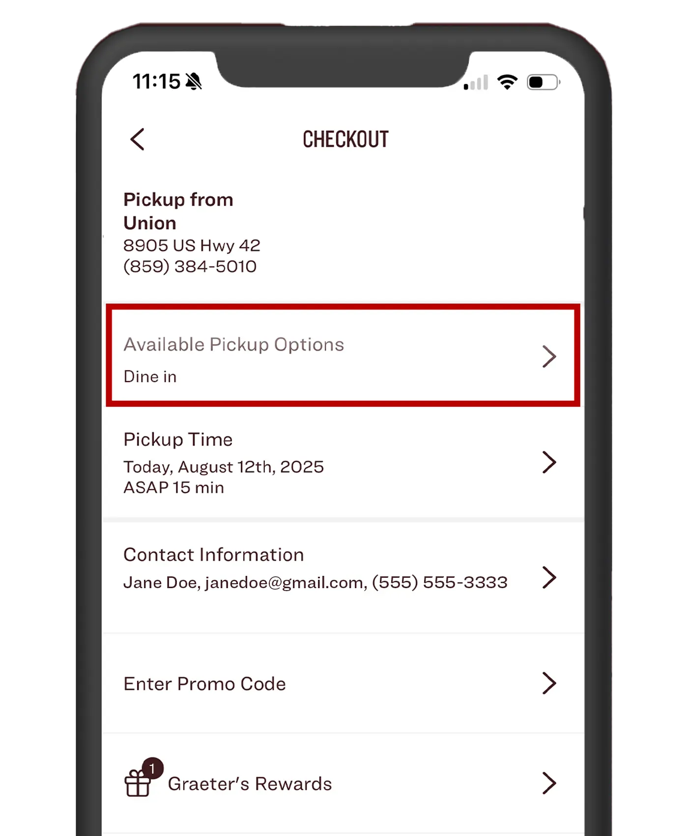 Select dine in option