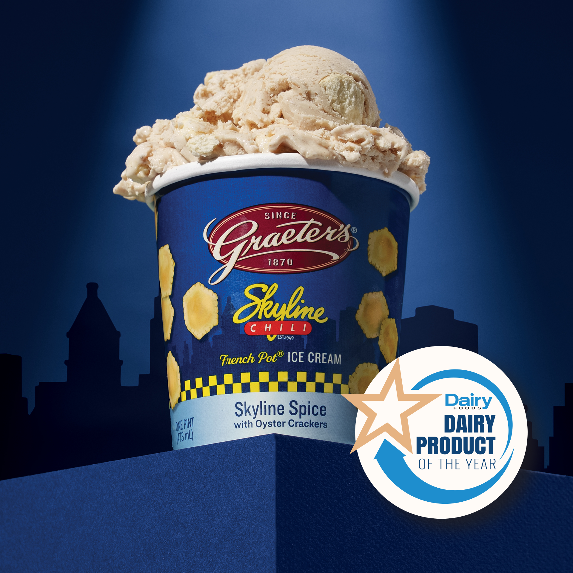 Graeter's Skyline Chili ice cream container with a blue background and 'Dairy Product of the Year' award logo.