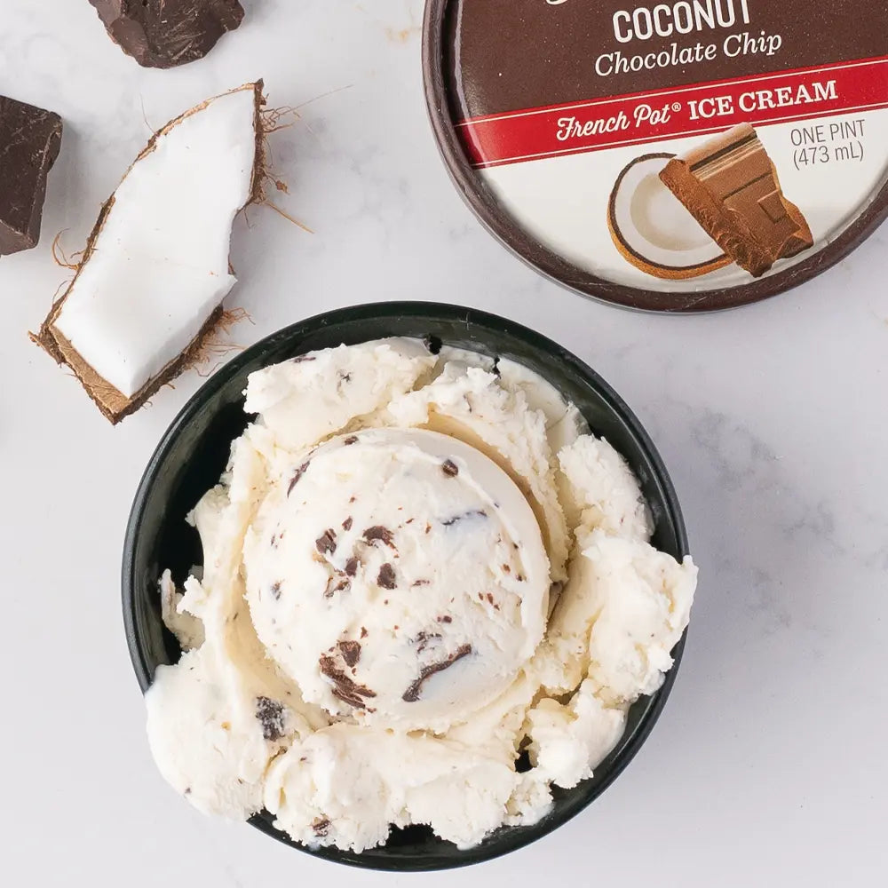 Graeter's Coconut Chocolate Chip Ice Cream: white ice cream with dark chocolate chunks in a black bowl with coconut shards and the pint lid next to it in front of a white background