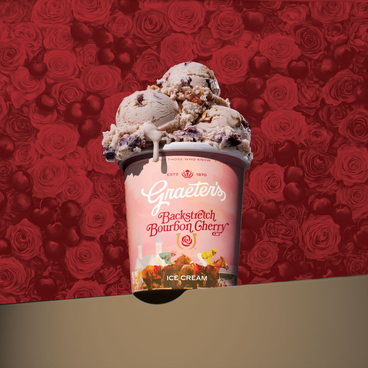 Graeter's Backstreet Bourbon Cherry ice cream container with a red rose patterned background