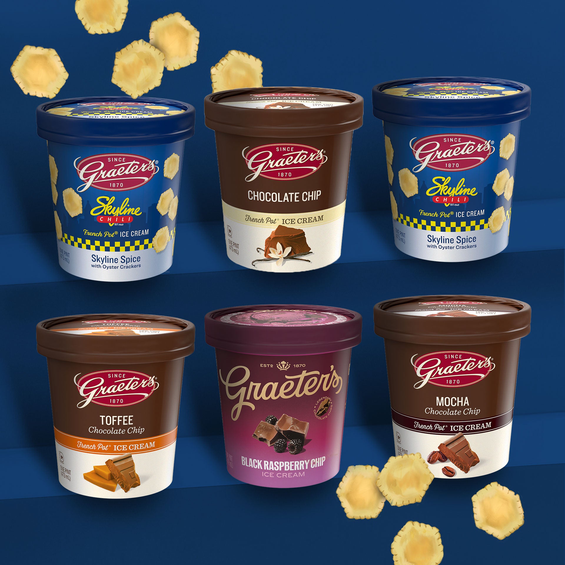 Graeter's ice cream containers with various flavors on a blue background