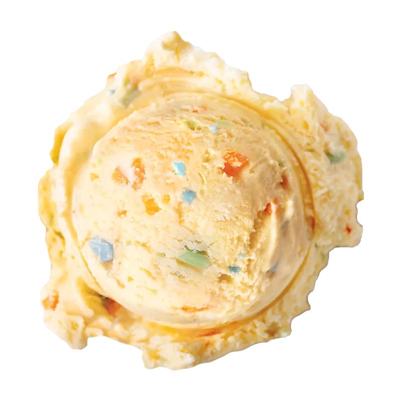 Birthday Cake ice cream: a single scoop of creamy yellow ice cream with colorful confetti speckles