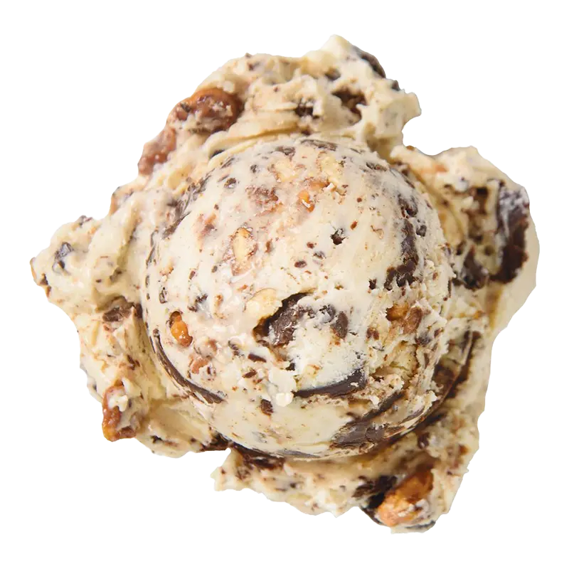 Graeter's Bourbon Ball ice cream: light brown ice cream with chunks of pecan and chocolate thoughout