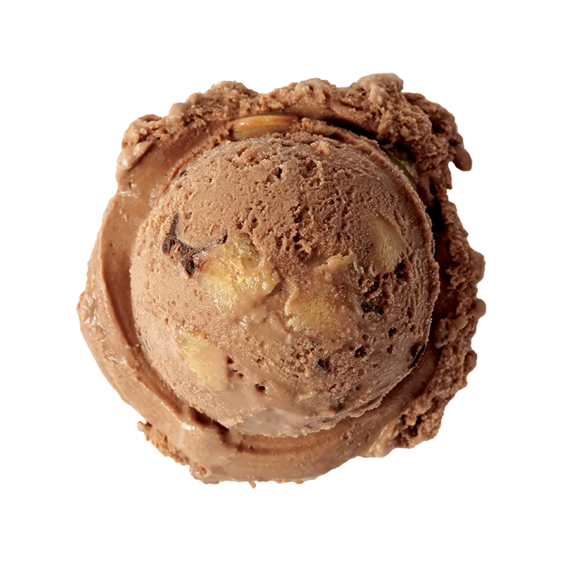 Graeter's Buckeye Blitz Chocolate Chip Ice Cream: dark brown ice cream with balls of light brown peanut butter cookie dough and dark chocolate chips mottled throughout
