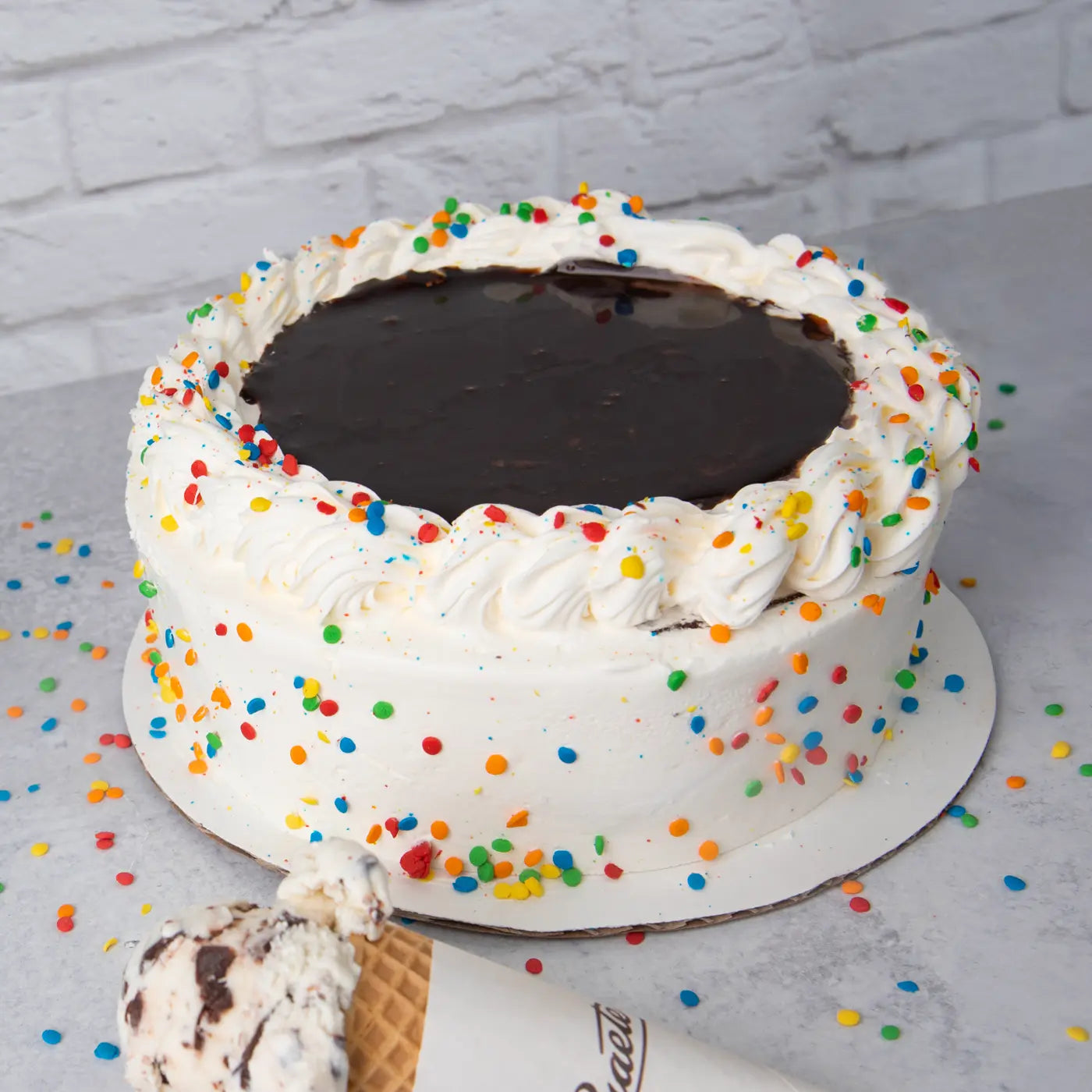 Graeter's celebration cake with rainbow sprinkles
