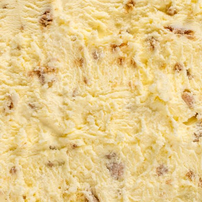 an extreme close up of Graeter's key lime pie ice cream, it is a cream yellow color with bits of brown graham cracker crust throughout