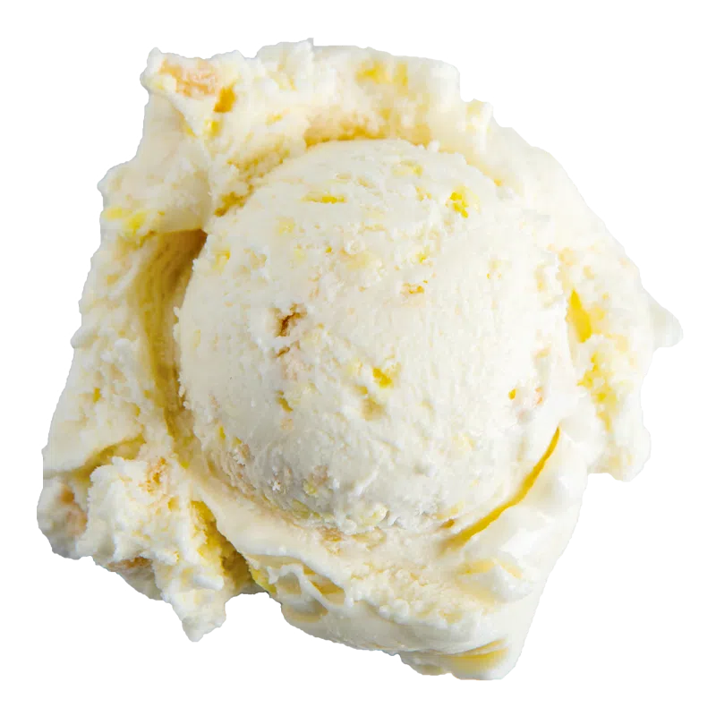 a single light yellow white scoop of Graeter's Lemon Meringue Pie with graham cracker crust dotting it.