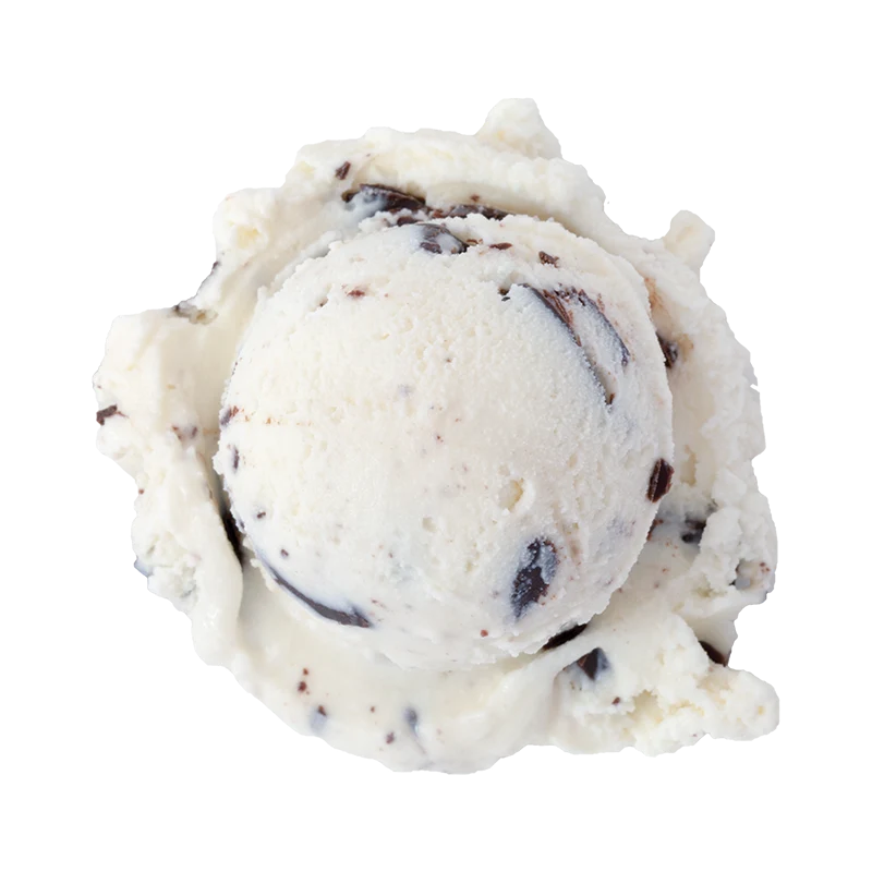 Mint Chocolate Chip ice cream: a single scoop of fresh white ice cream with dark chocolate chunks