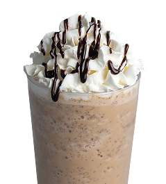 mocha joe coffee chiller: a light brown drink with whipped cream and a chocolate drizzle on top!