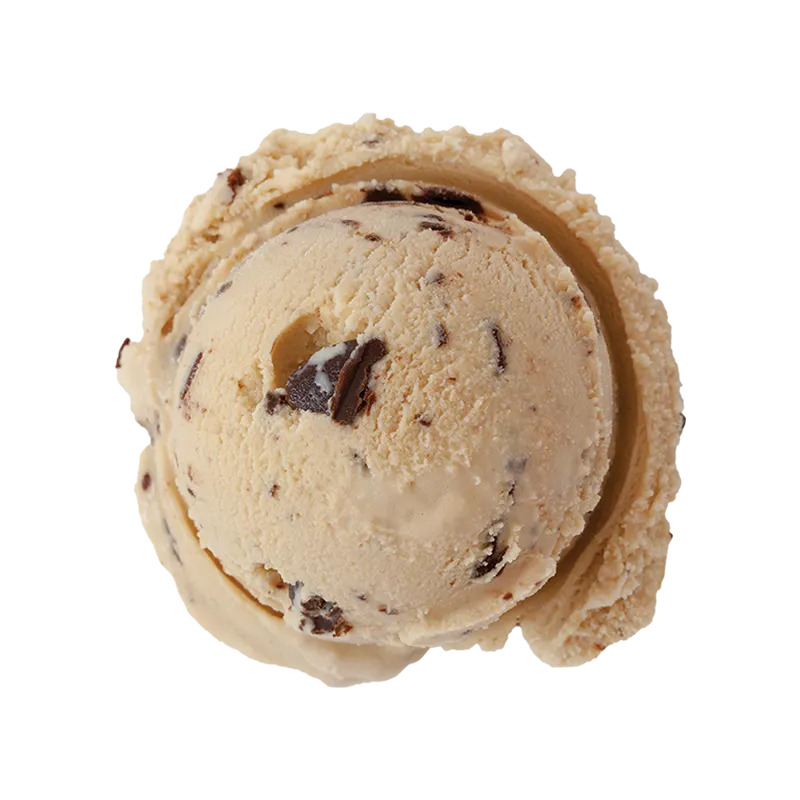 mocha chocolate chip ice cream: a single scoop of light brown ice cream with chocolate chunks