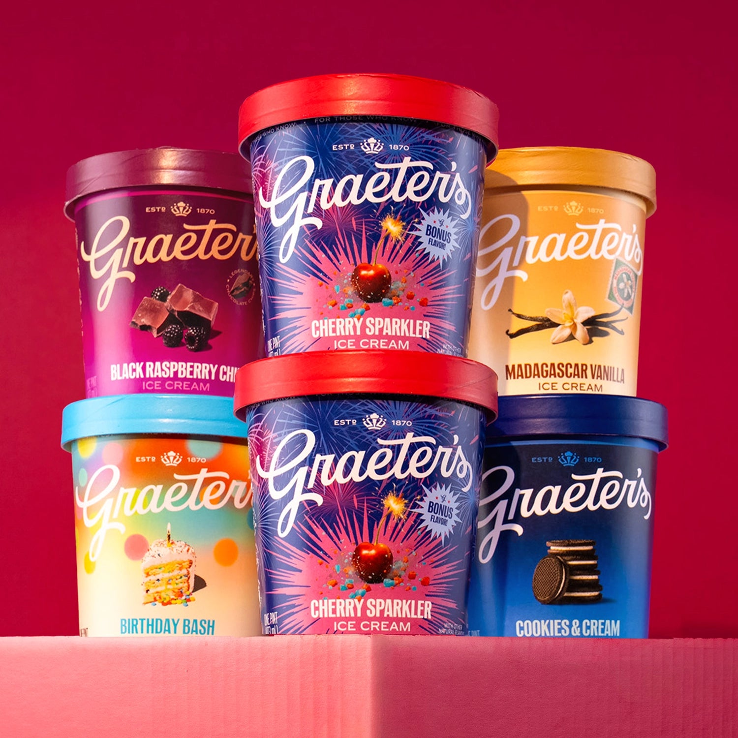 Graeter's ice cream containers with colorful lids on a red background