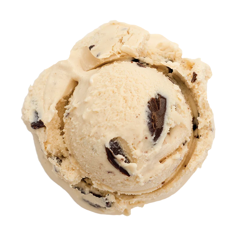 Salted Caramel Chocolate Chip ice cream: a single scoop of caramel colored ice cream with chocolate chunks