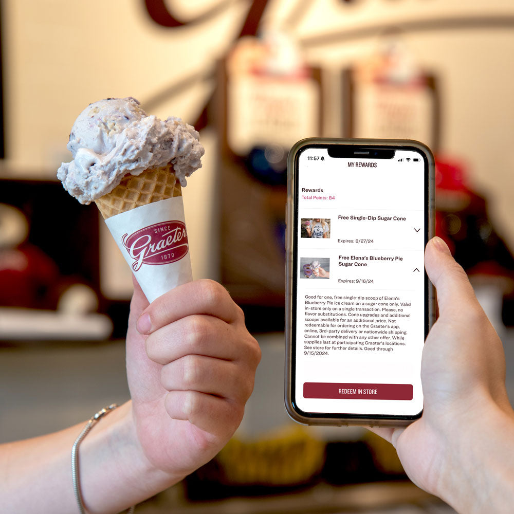 Order Elena's Blueberry pie on the Graeter's app: a light purple ice cream with blueberries and pie crust within