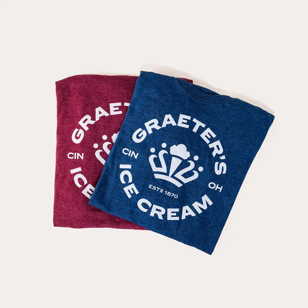 Two shirts, one red and one blue, with Graeter's Ice Cream logo on a light beige background.