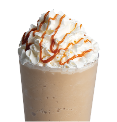 caramel espresso coffee chiller: a light brown drink with whipped cream and a caramel drizzle on top!