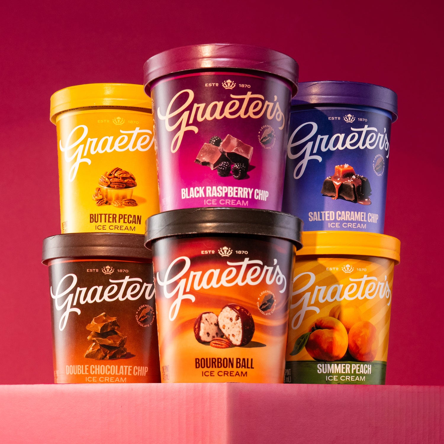 Graeter's ice cream containers in various flavors on a red background