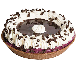 black raspberry chip pie: an ice cream pie with black raspberry ice cream topped with white whipped cream and chocolate shavings