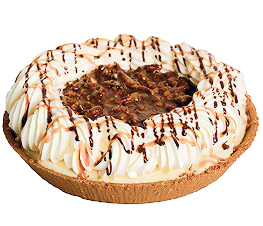 turtle pecan ice cream pie: it has a graham cracker crust with ample whipped cream on top and a pecan caramel mix in the middle