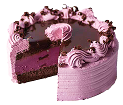 black raspberry ice cream cake a light purple ice cream cake cut to show the layers of chocolate cake and black raspberry chip ice cream