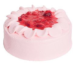 strawberry shortcake ice cream cake: it has light pink icing and strawberry topping in the center