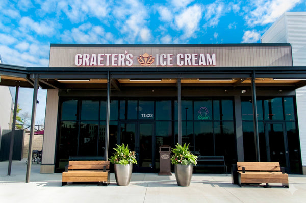 Graeter's Ice Cream storefront with a clear blue sky above in Zionsville, Indiana