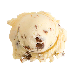 banana chocolate chip ice cream: a single scoop of light yellow ice cream with milk chocolate chunks