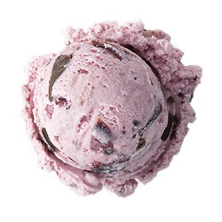 black cherry chocolate chip ice cream: a single scoop of creamy pink ice cream with chocolate chunks and cherry pieces