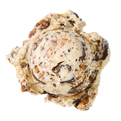 Bourbon ball ice cream: a single scoop of brown ice cream with bourbon ball candy and pecans throughout 