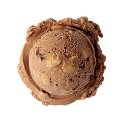 buckeye blitz ice cream: a single scoop of light brown ice cream with chocolate chunks and cookie dough balls throughout