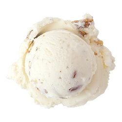 butter pecan ice cream: a single scoop of bright white ice cream with pieces of pecan scattered throughout