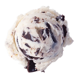 vanilla chocolate chip ice cream: a single scoop of white ice cream with chocolate chunks throughout