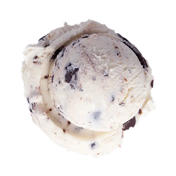 coconut chocolate chip ice cream: a single scoop of white ice cream with dark brown chunks of chocolate