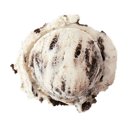 cookies and cream ice cream: a single scoop of white ice cream with cookies mottled throughout