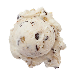 cookie dough chocolate chip ice cream: a single scoop of white ice cream with chocolate chunks and cookie dough bits