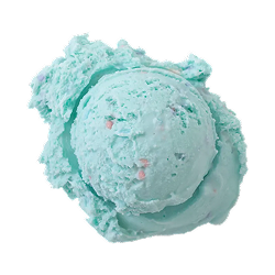 cotton candy ice cream: a single scoop of bright blue ice cream dotted with pink and purple sprinkles