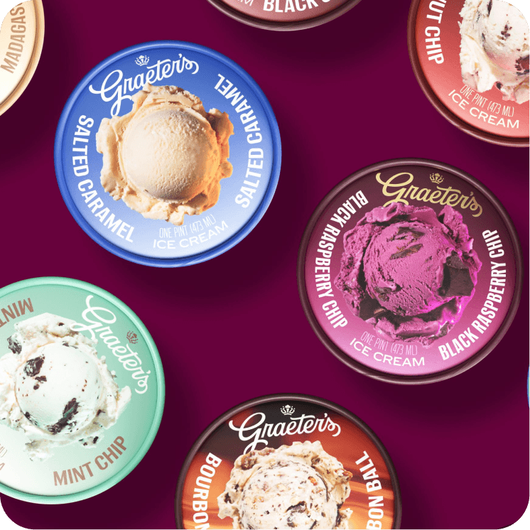 Graeter's ice cream containers with different flavors on a purple background for shipping nationwide