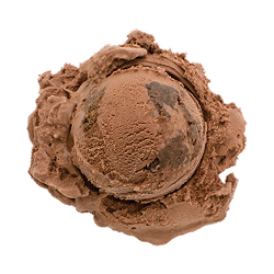 dark chocolate brownie ice cream: a single scoop of dark brown ice cream with bits of brownie dotting it