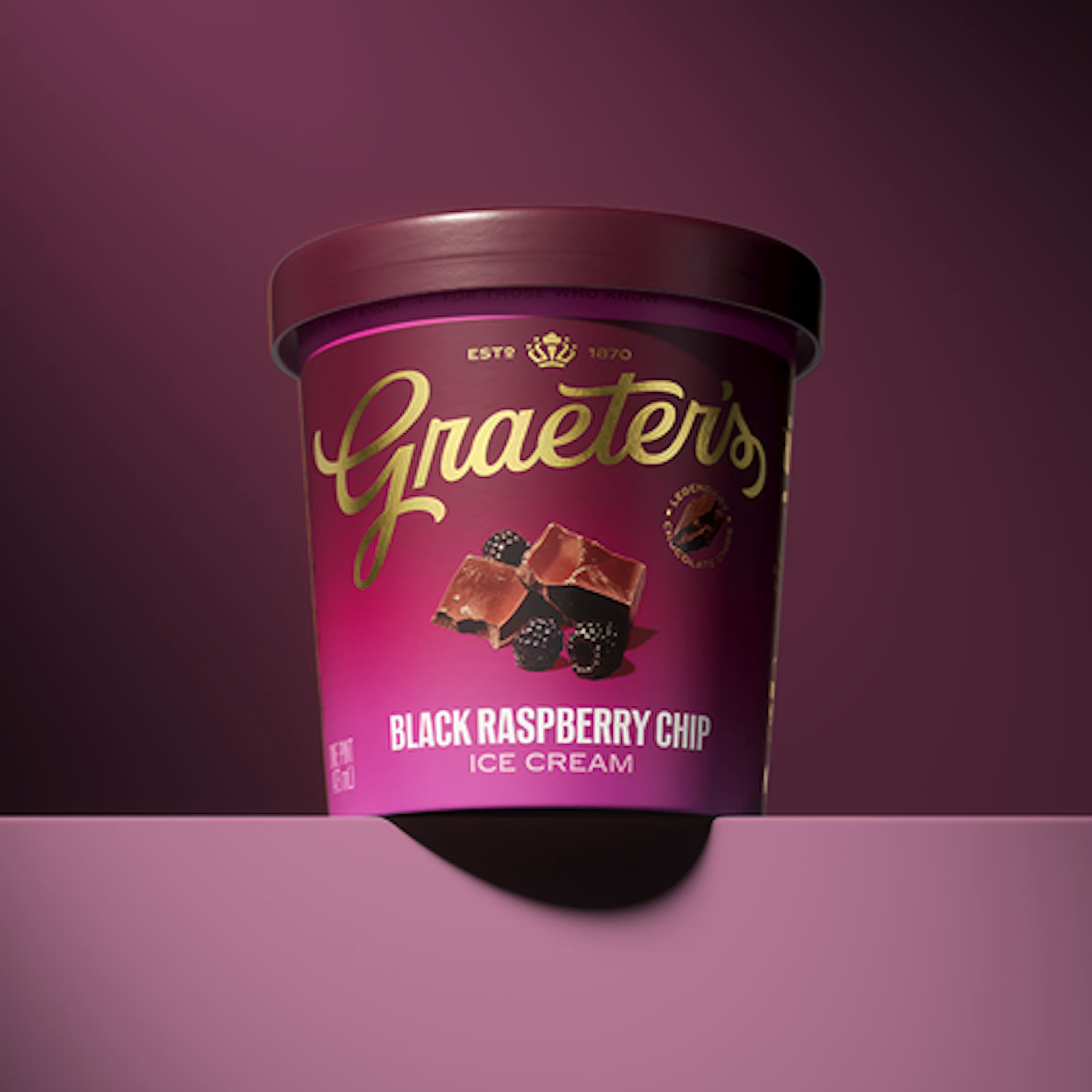 Graeter's Black Raspberry Chip ice cream container on a purple background