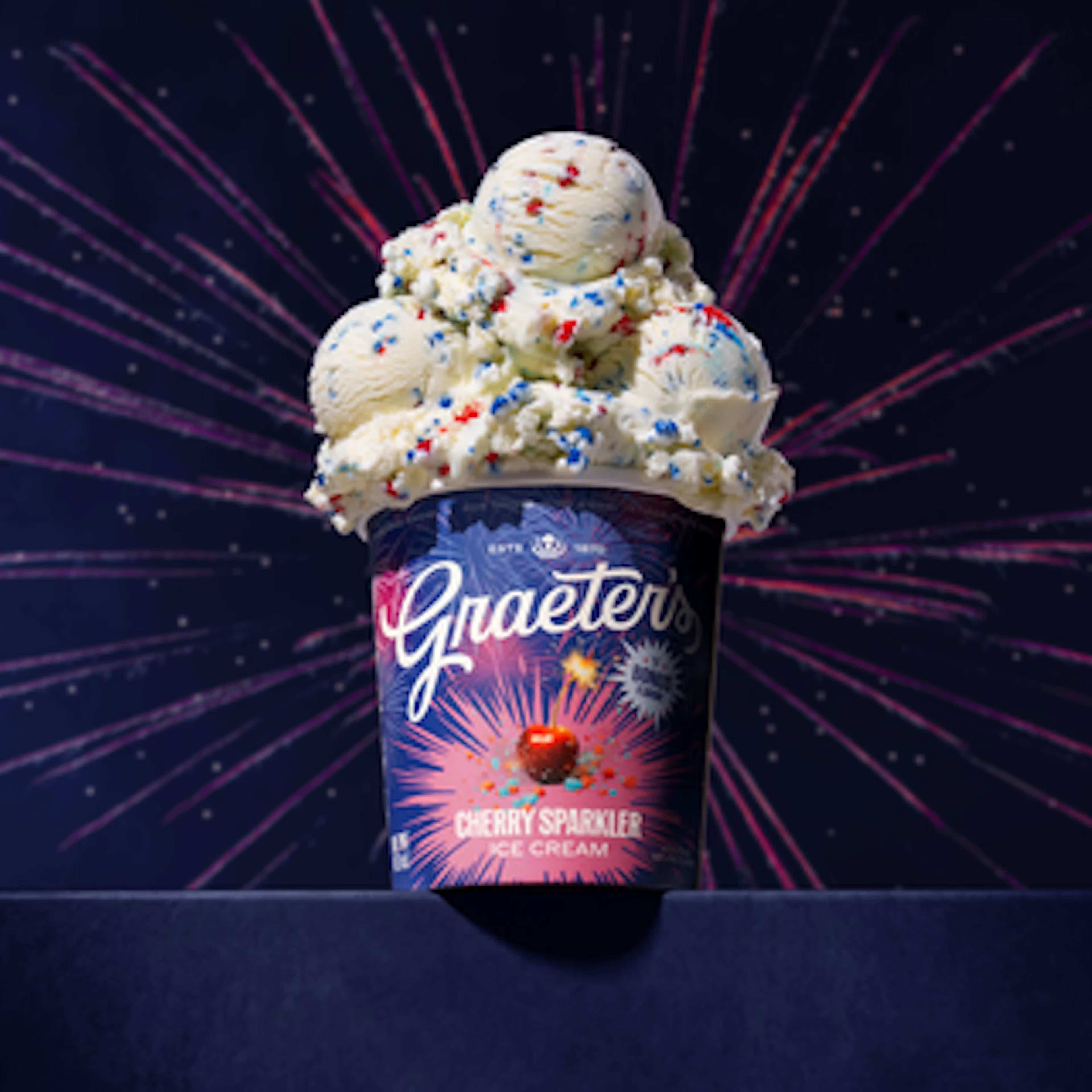 Graeter's Cherry Sparkler ice cream in a cup with a colorful label against a dark background