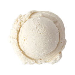 Madagascar vanilla bean ice cream: a single scoop of bright white ice cream with black vanilla speckles
