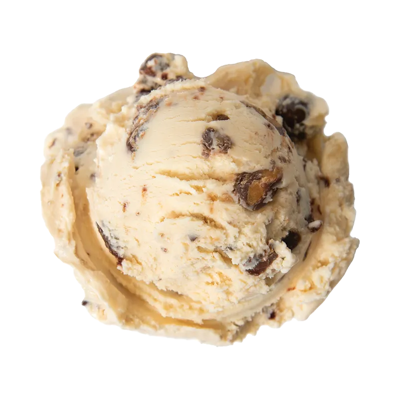 Graeter's Midnight Snack Ice Cream: a single scoop of creme colored ice cream with bits of peanut butter cups, chocolate covered pretzels, and brownies throughout
