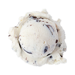 mint chocolate chip ice cream: a single scoop of bright white ice cream with chocolate chunks