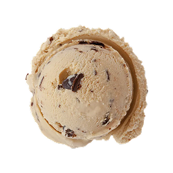 mocha chocolate chip ice cream: a single scoop of light brown ice cream with chocolate chunks