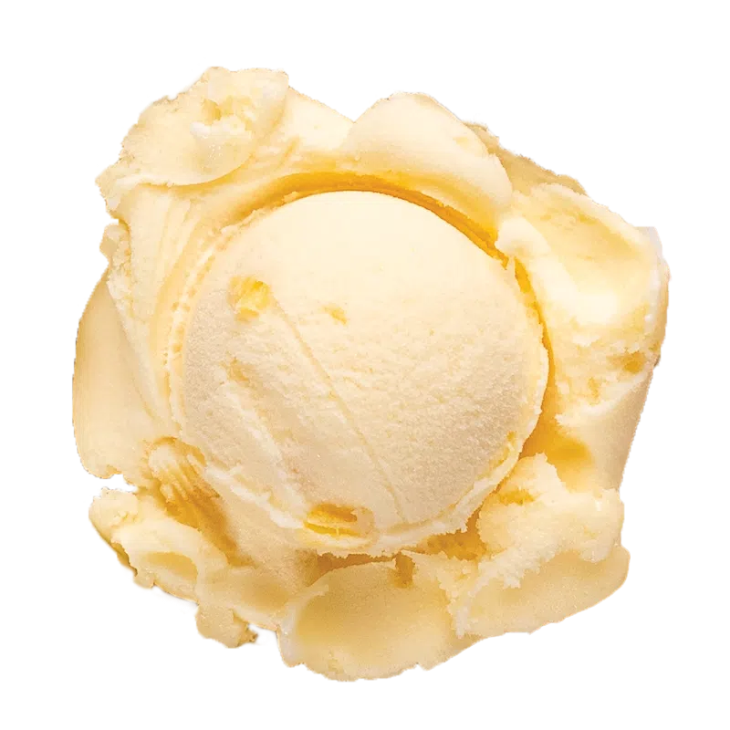 Pineapple passion fruit sorbet:  pastel yellow sorbet with pineapple chunks 