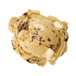 s'mores ice cream: a single scoop of light brown ice cream with chocolate chunks and marshmallow bites throughout
