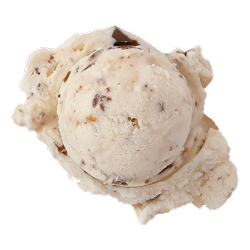 toffee chocolate chip ice cream: a single scoop of light brown ice cream with chocolate and toffee chunks
