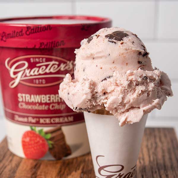 Scoop of Graeter's Strawberry Chocolate Chip Ice Cream