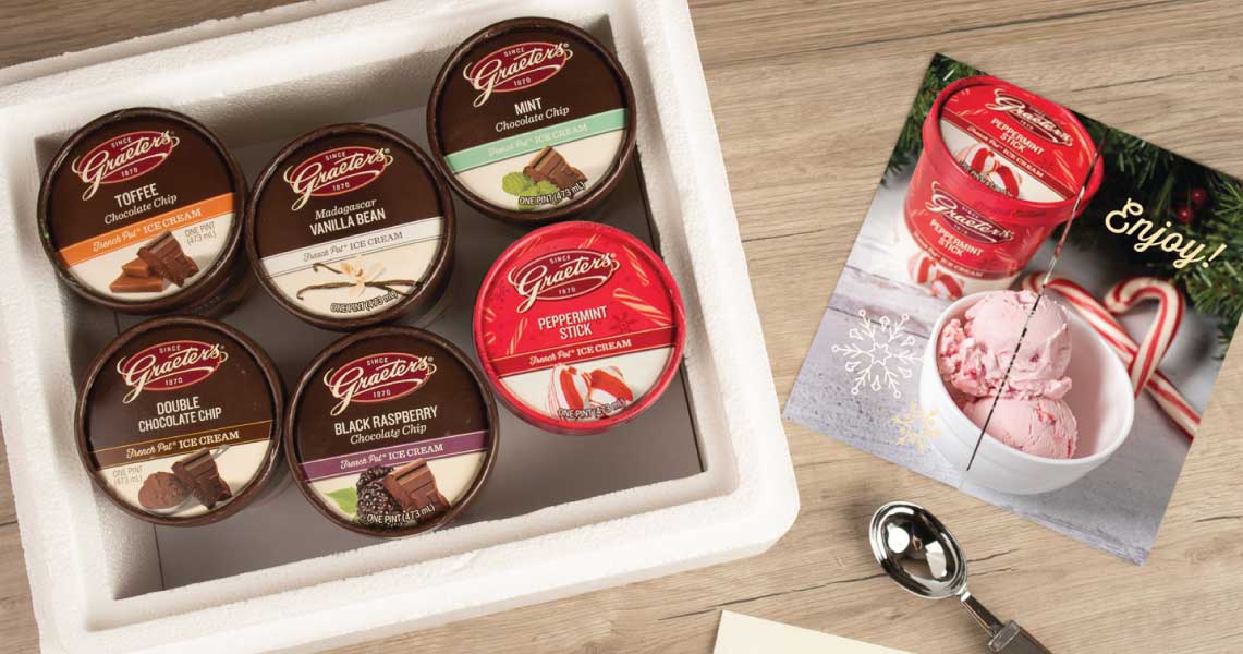 cooler of ice cream pint with holiday insert